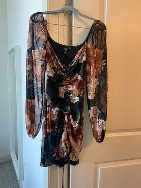 Windsor Black Floral Ruched Long-Sleeve Mini Dress